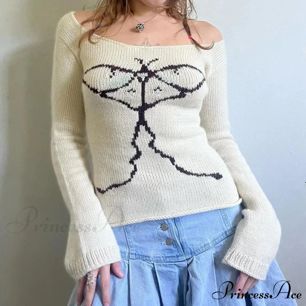 Off Shoulder Artistic Design Sweater Extended Sleeve Knit Top Women WHITE / S knittop-250126