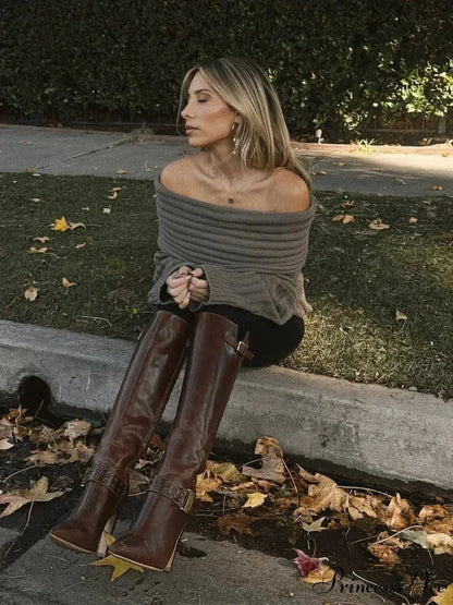 Off Shoulder Banded Long Sleeve Sweater swraters-241228