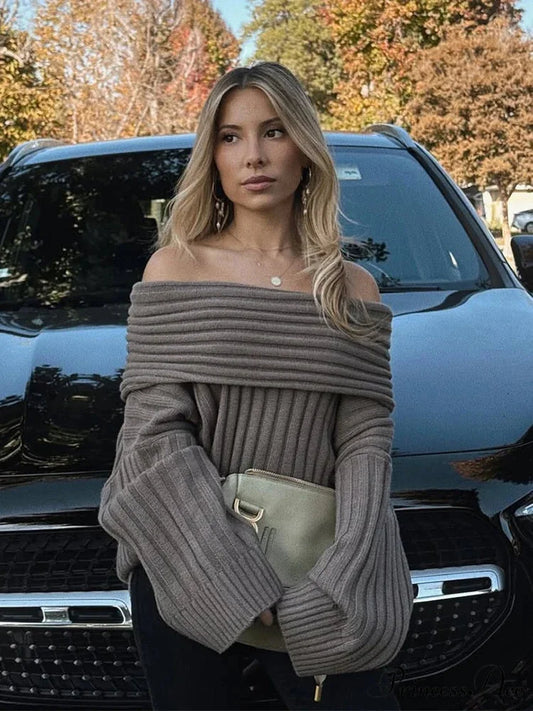 Off Shoulder Banded Long Sleeve Sweater swraters-241228
