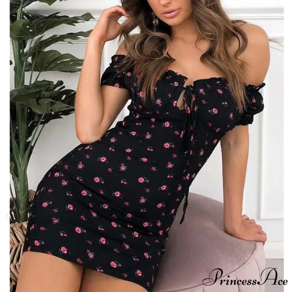 Off Shoulder Bind-Up Flower Pattern Frill Flower Dress floraldress-250126