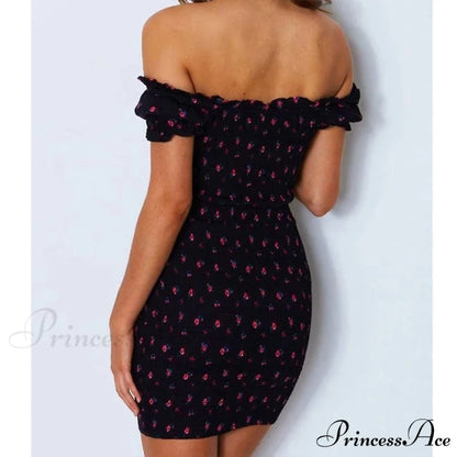 Off Shoulder Bind-Up Flower Pattern Frill Flower Dress floraldress-250126