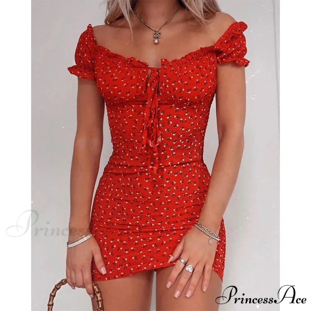 Off Shoulder Bind-Up Flower Pattern Frill Flower Dress Red / S floraldress-250126