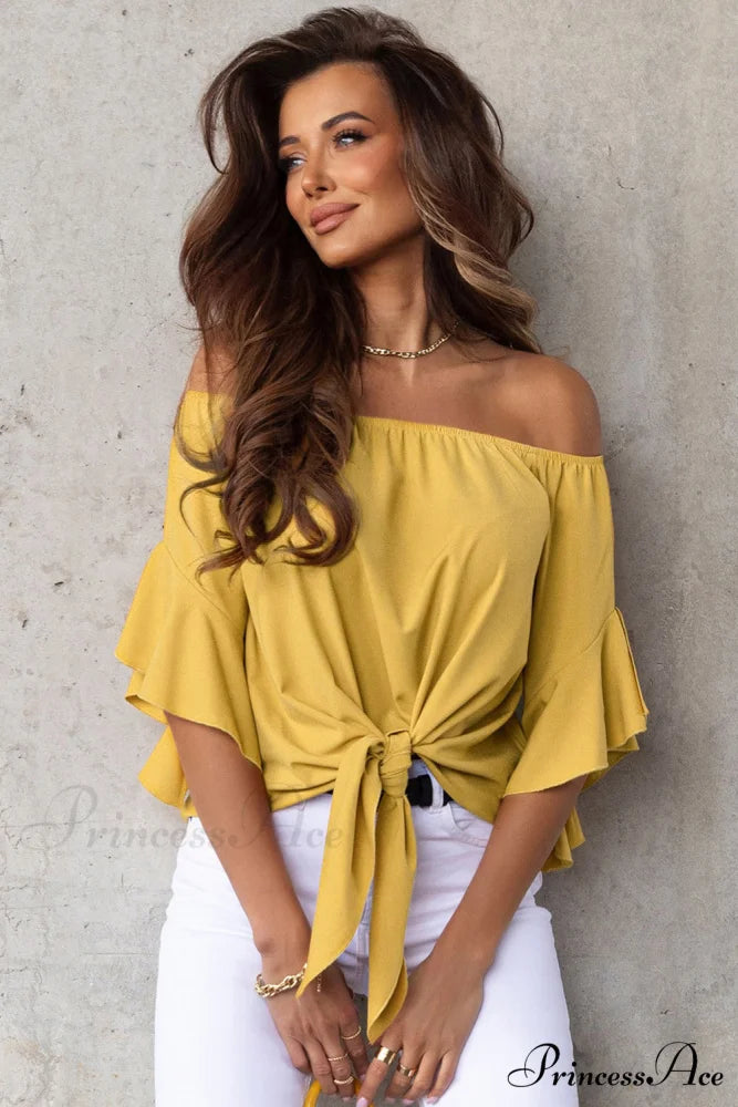 Off-Shoulder Blouse Tie with Hem Banana Yellow / S