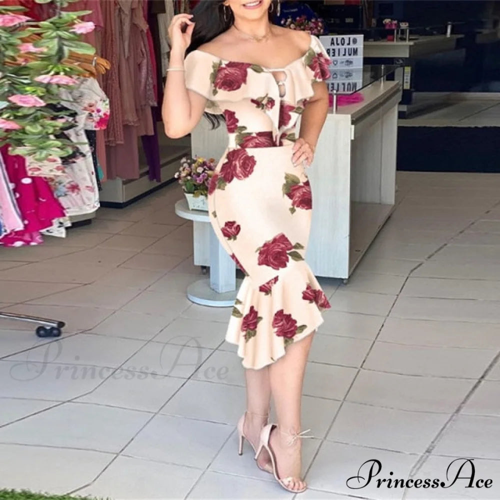 Off Shoulder Bodycon Mermaid Ruffle Dress Apricot print / S