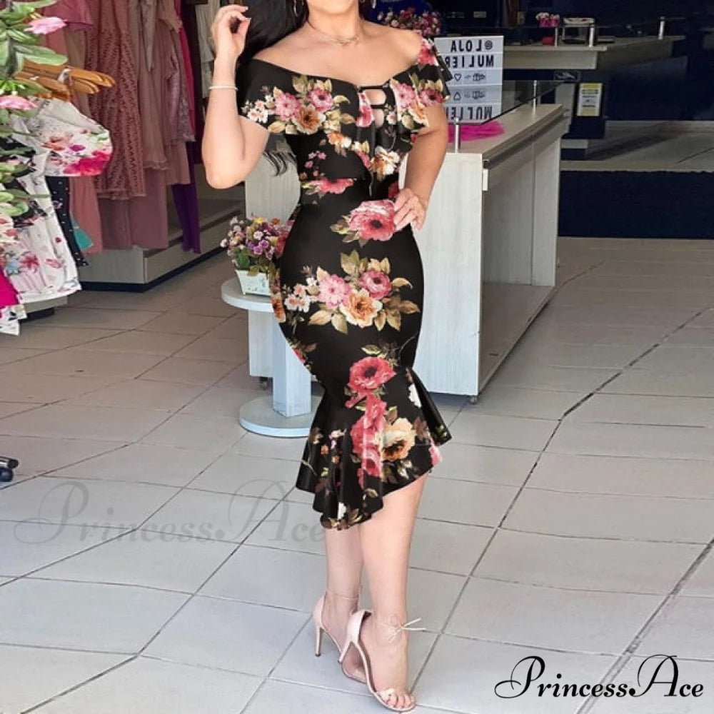 Off Shoulder Bodycon Mermaid Ruffle Dress Black print / S