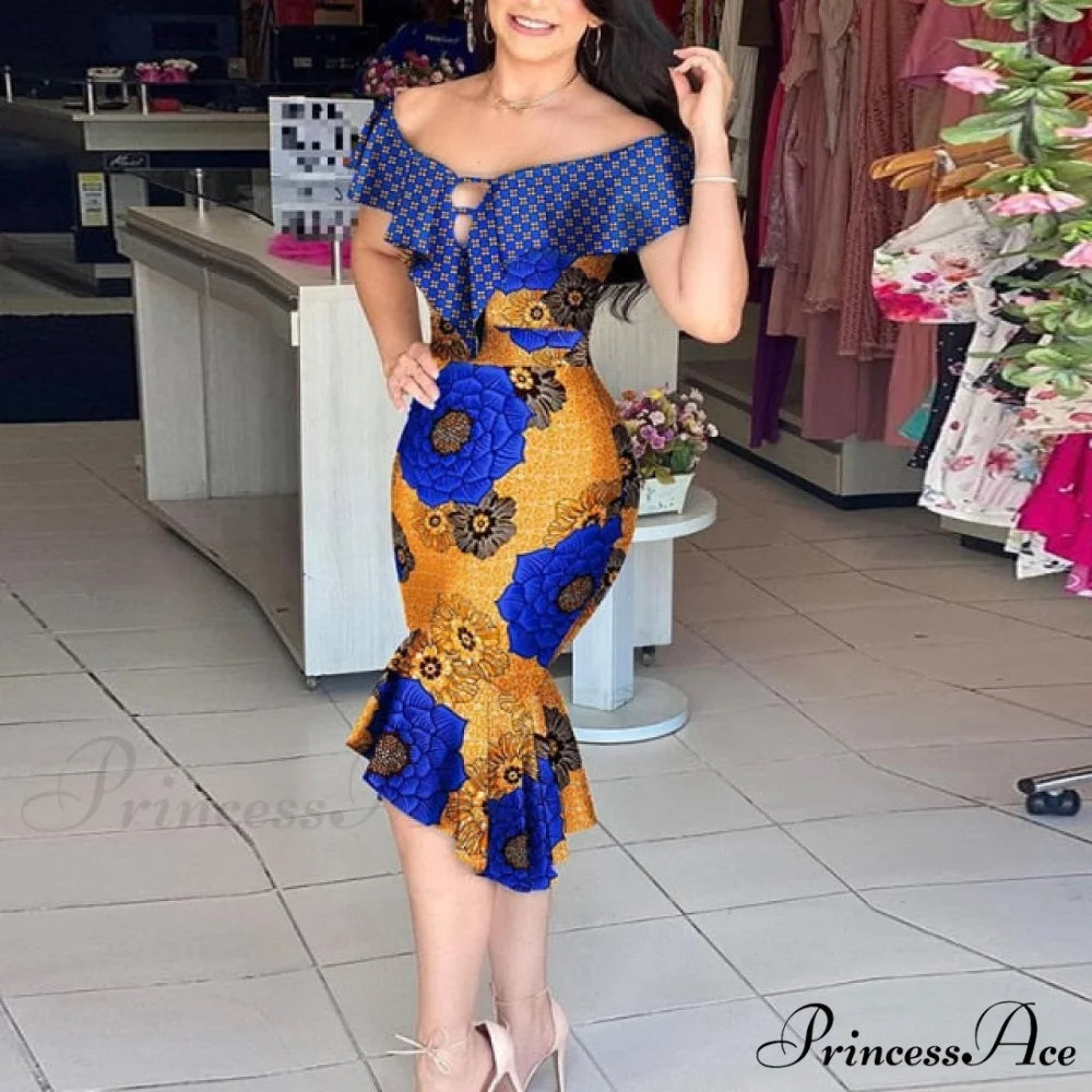 Off Shoulder Bodycon Mermaid Ruffle Dress Blue print / S