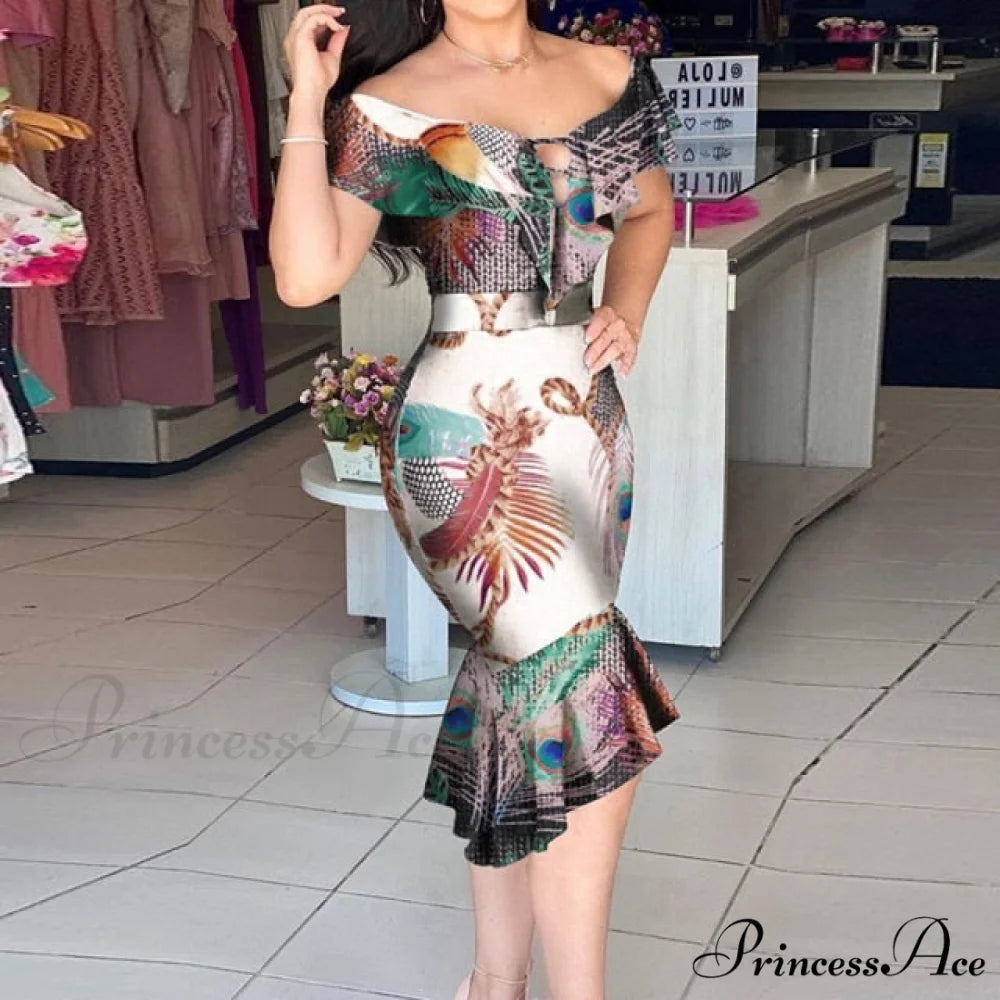 Off Shoulder Bodycon Mermaid Ruffle Dress Peacock print / S