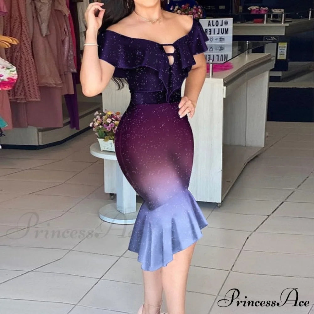 Off Shoulder Bodycon Mermaid Ruffle Dress Purple print / S