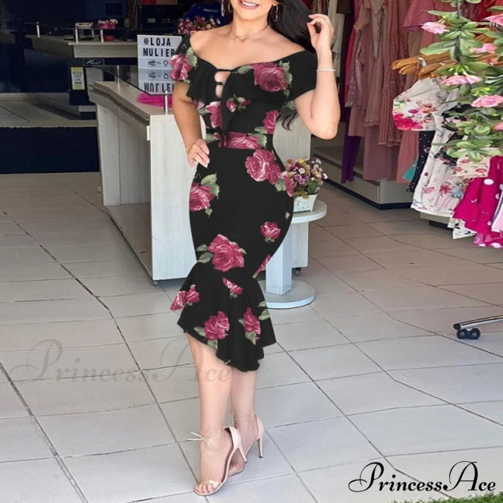 Off Shoulder Bodycon Mermaid Ruffle Dress Safflower / S