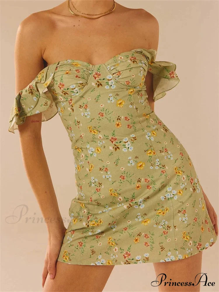 Off Shoulder Casual Sleeveless Floral Print Ruffle Trim Mini Dress GREEN / S