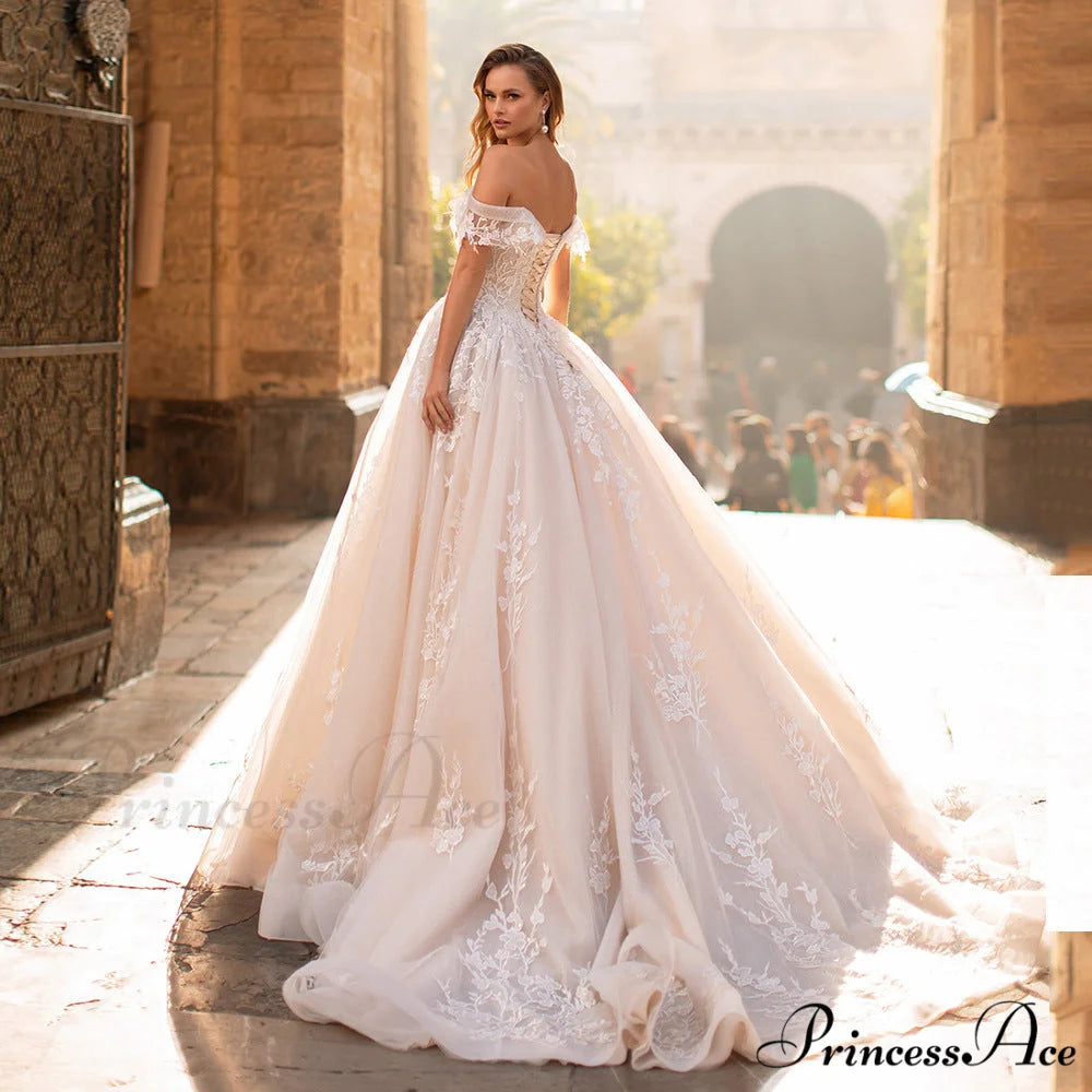 Off-Shoulder Celestial Long Train Wedding Gown lvory white / 2 weddingdress-250223