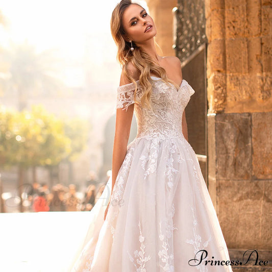 Off-Shoulder Celestial Long Train Wedding Gown weddingdress-250223