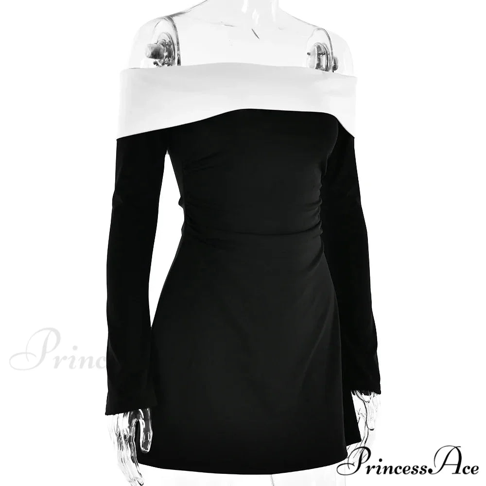Off-Shoulder Colourblock Long Charming Sleeve Mini Dress