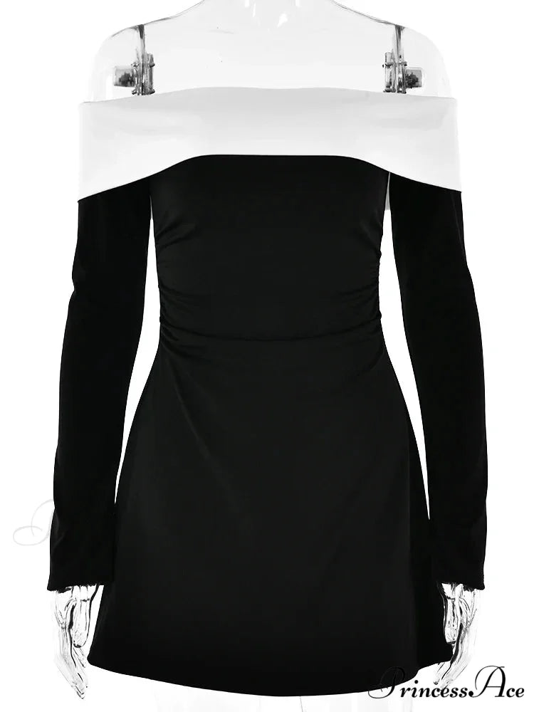 Off-Shoulder Colourblock Long Charming Sleeve Mini Dress