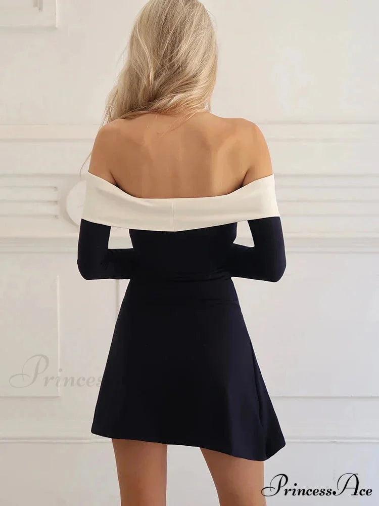 Off-Shoulder Colourblock Long Charming Sleeve Mini Dress