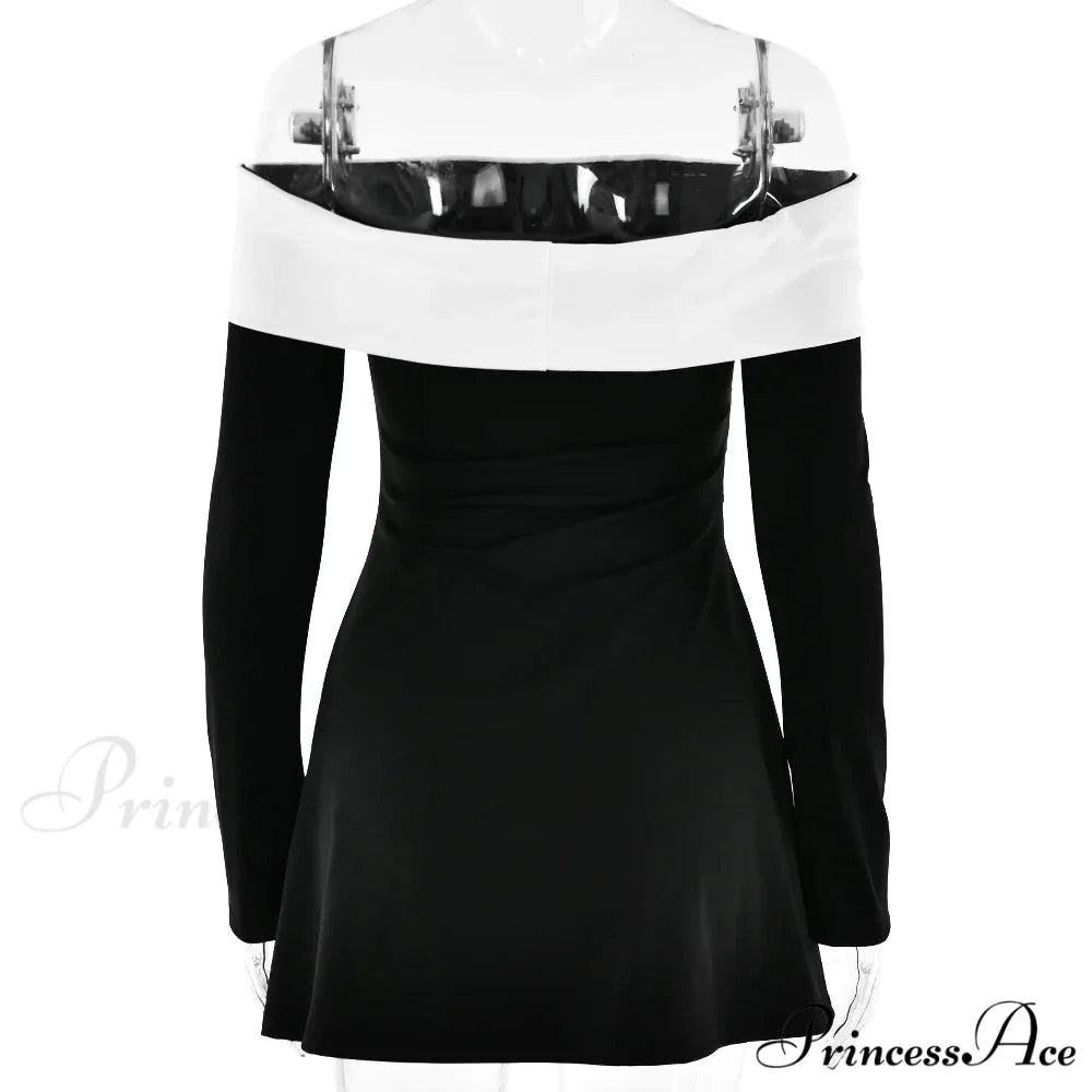 Off-Shoulder Contrast Long Charming Sleeve Mini Dress