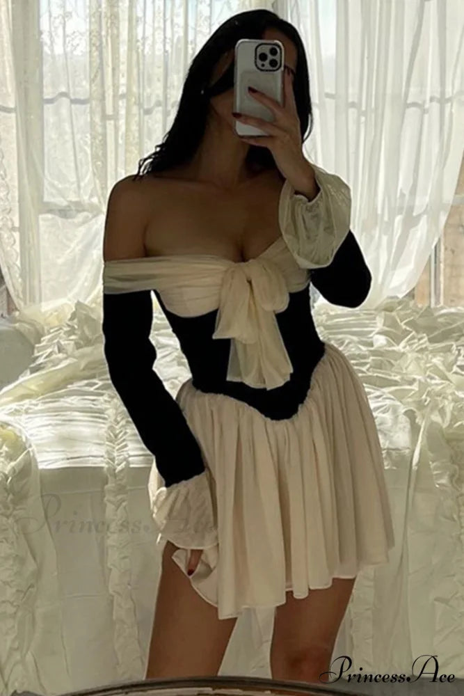 Off Shoulder Corset Dress with Bow White / L