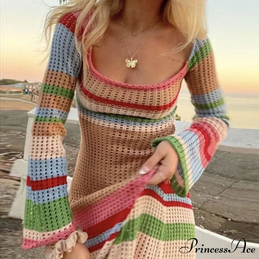 Off Shoulder Crochet Maxi Attire Vintage Patchwork Extended Sleeve Women COLORFUL1 / S knittop-250126