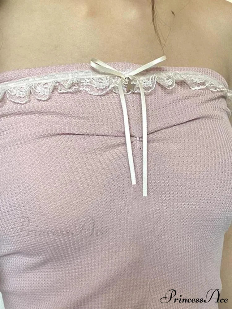 Off Shoulder Crop Kawaii Strapless Casual Pink Tubes Vintage Bow Stitched Sleeveless Vest Women Y2k Summer Tank top