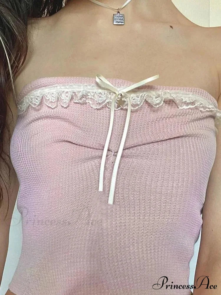 Off Shoulder Crop Kawaii Strapless Casual Pink Tubes Vintage Bow Stitched Sleeveless Vest Women Y2k Summer Tank top