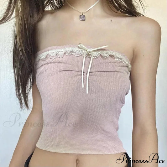 Off Shoulder Crop Kawaii Strapless Casual Pink Tubes Vintage Bow Stitched Sleeveless Vest Women Y2k Summer Tank top