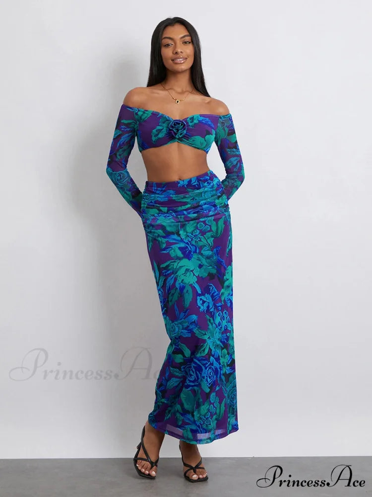 Off-Shoulder Crop Top High Waist Long Floral Skirt Modified Title: Off-The-Shoulder Cropped Blouse Tall Waist Lengthy