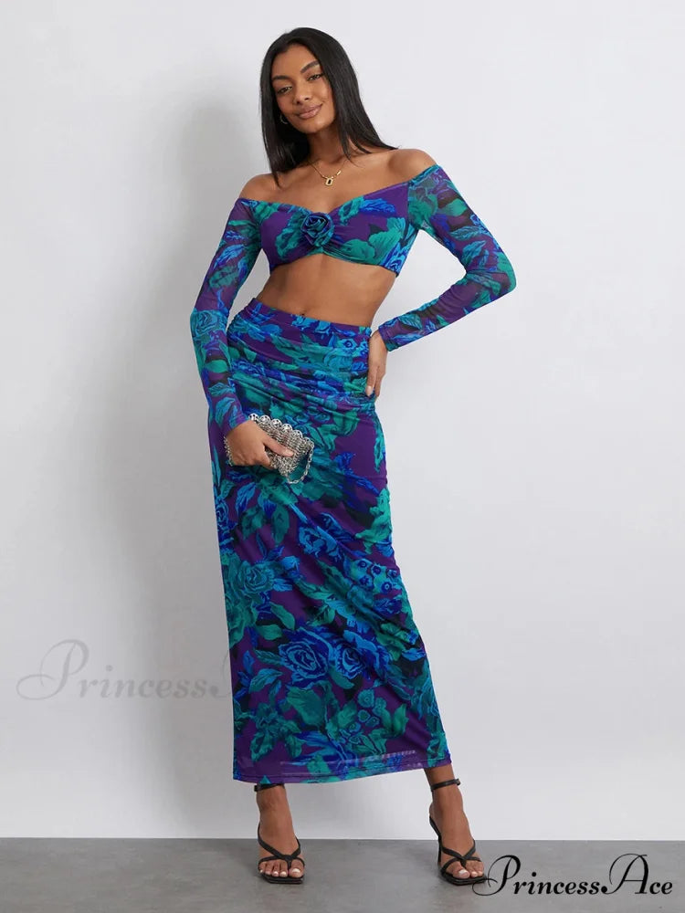 Off-Shoulder Crop Top High Waist Long Floral Skirt Modified Title: Off-The-Shoulder Cropped Blouse Tall Waist Lengthy