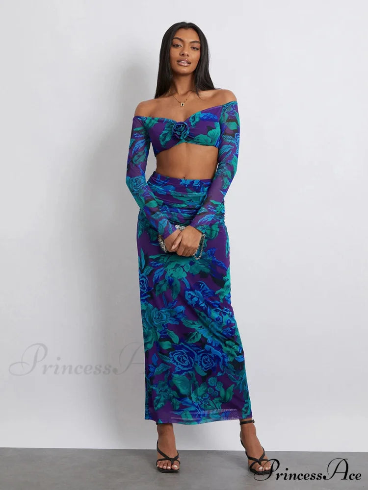 Off-Shoulder Crop Top High Waist Long Floral Skirt Modified Title: Off-The-Shoulder Cropped Blouse Tall Waist Lengthy