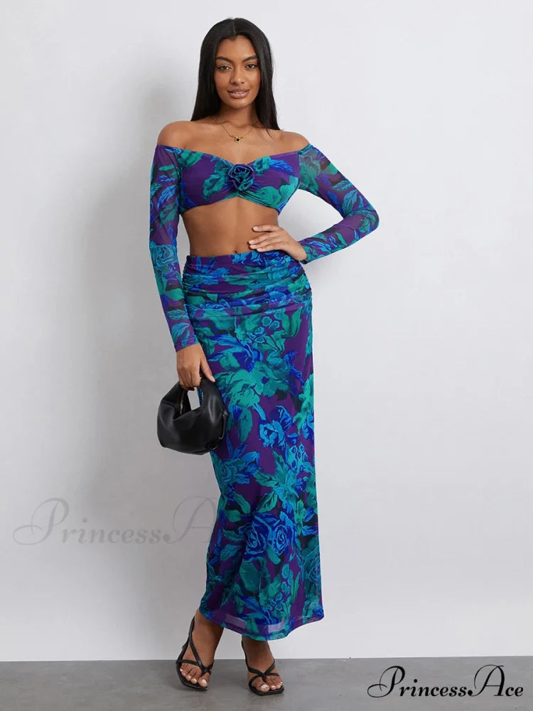 Off-Shoulder Crop Top High Waist Long Floral Skirt Modified Title: Off-The-Shoulder Cropped Blouse Tall Waist Lengthy