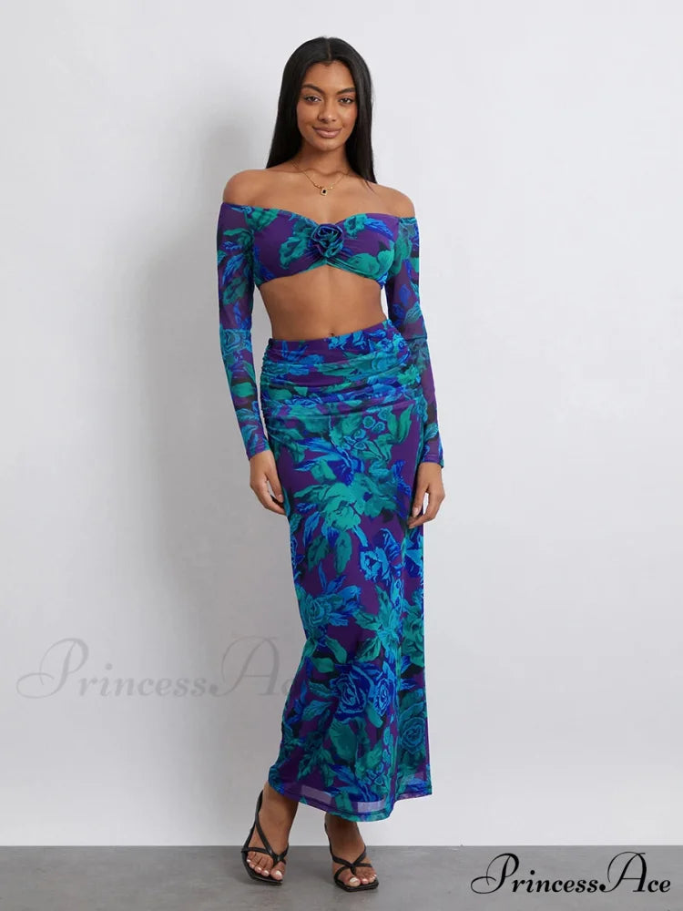 Off-Shoulder Crop Top High Waist Long Floral Skirt Modified Title: Off-The-Shoulder Cropped Blouse Tall Waist Lengthy
