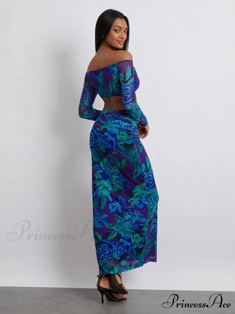Off-Shoulder Crop Top High Waist Long Floral Skirt Modified Title: Off-The-Shoulder Cropped Blouse Tall Waist Lengthy