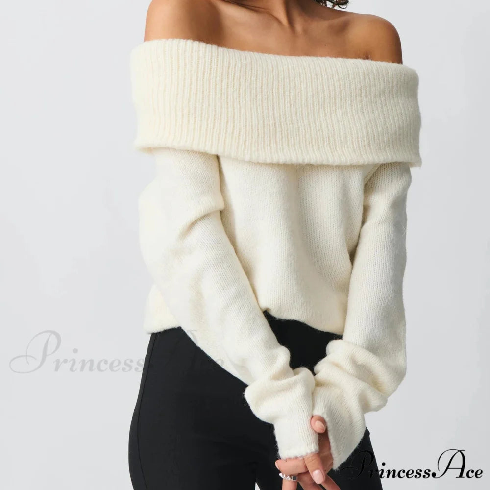 Off Shoulder Cropped Stylish Slouchy Knit Pullover Top WHITE / S knittop-250126