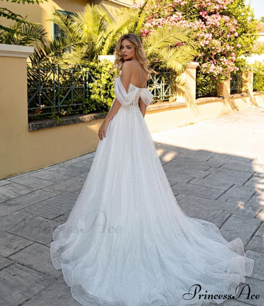 Off-Shoulder Deep V Glitter Wedding Gown lvory white / 2 weddingdress-250223