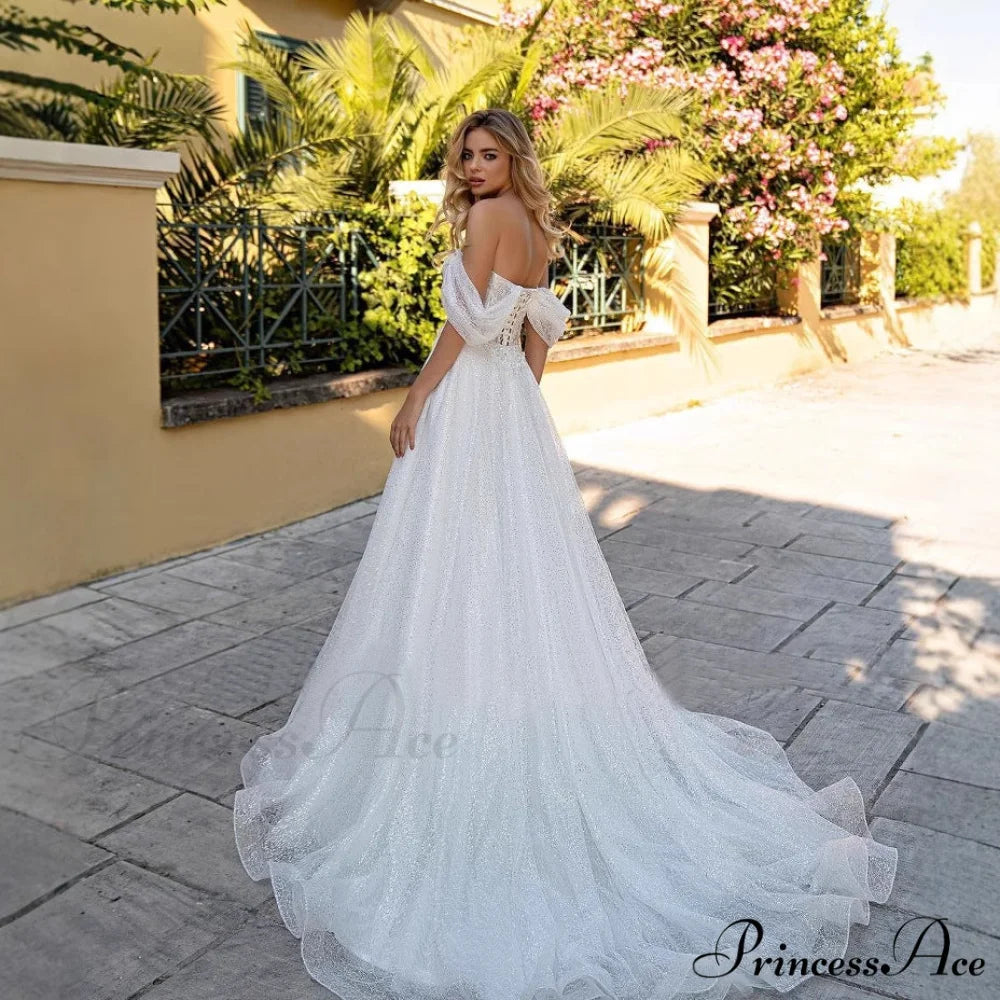 Off-Shoulder Deep V Glitter Wedding Gown weddingdress-250223