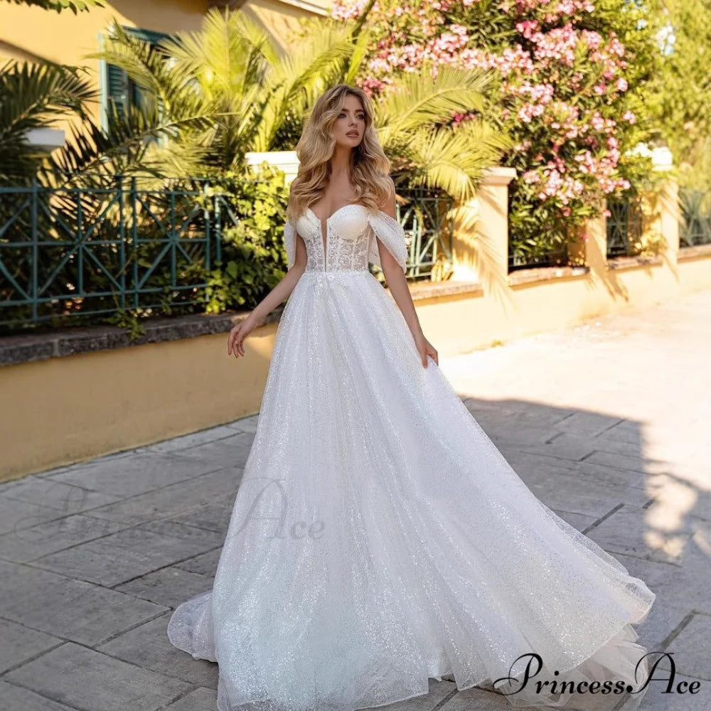 Off-Shoulder Deep V Glitter Wedding Gown weddingdress-250223