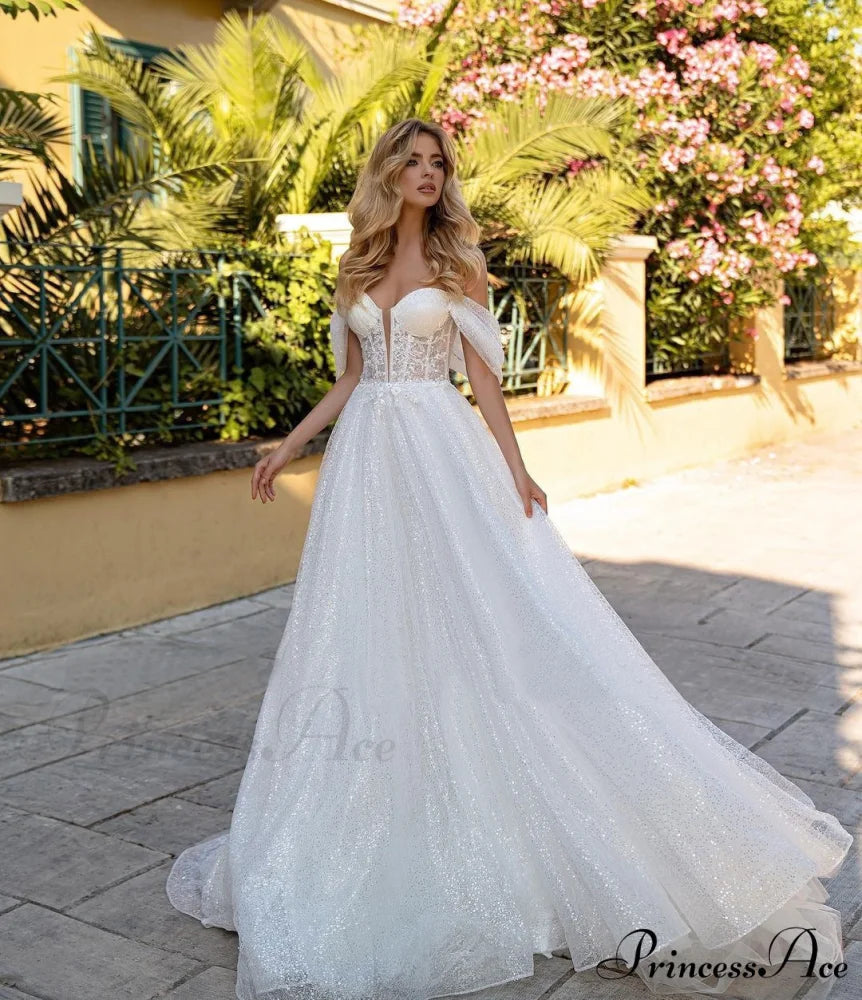 Off-Shoulder Deep V Glitter Wedding Gown White / 2 weddingdress-250223