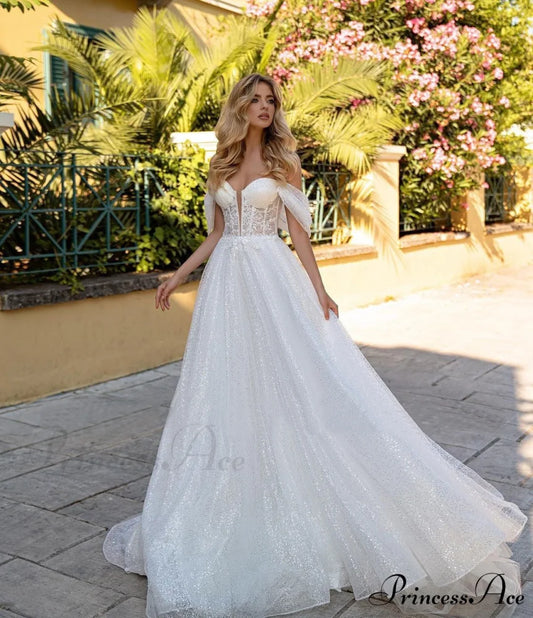 Off-Shoulder Deep V Glitter Wedding Gown White / 2 weddingdress-250223