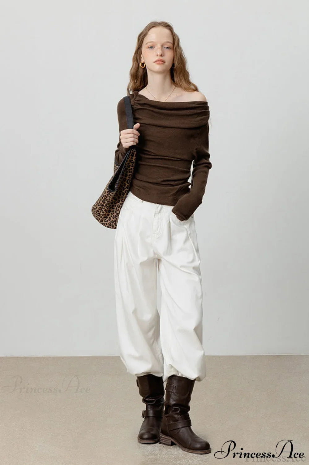 Off-Shoulder Draped Collar Waist-Cinched Knit Top