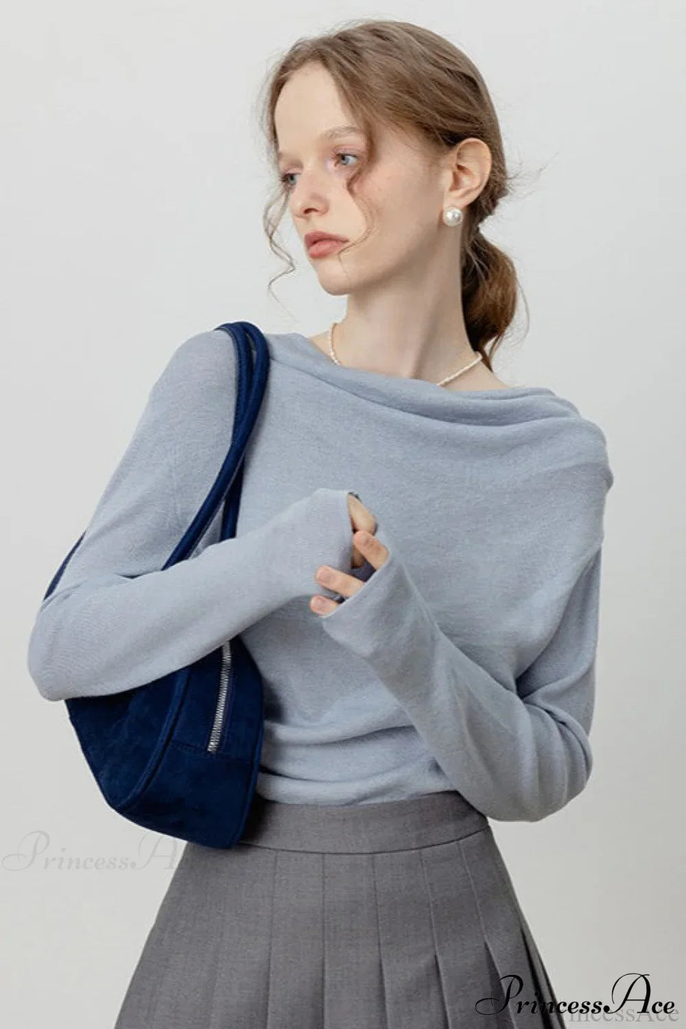Off-Shoulder Draped Collar Waist-Cinched Knit Top
