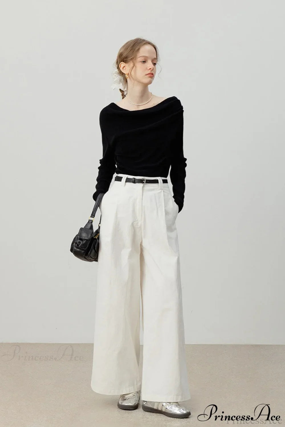 Off-Shoulder Draped Collar Waist-Cinched Knit Top