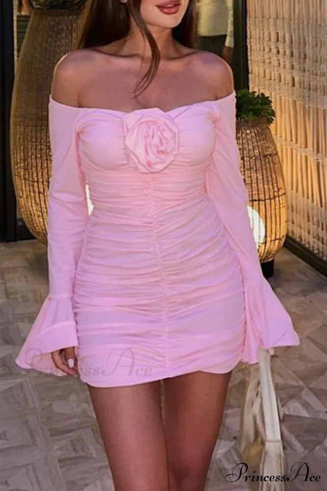 Off-Shoulder Dress with Flares Sleeves and Floral Gathered Design