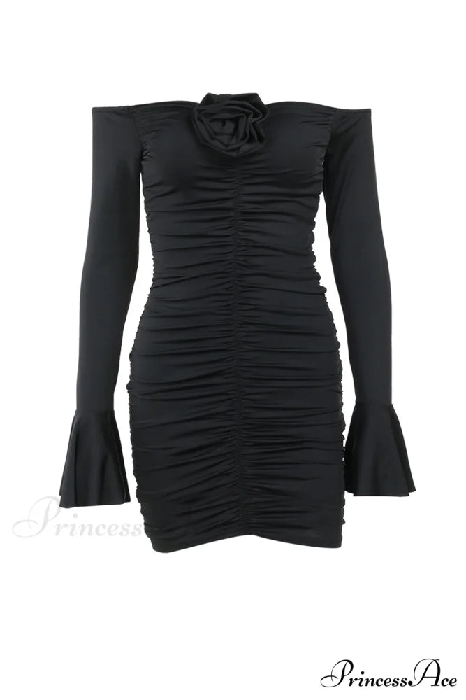 Off-Shoulder Dress with Flares Sleeves and Floral Gathered Design