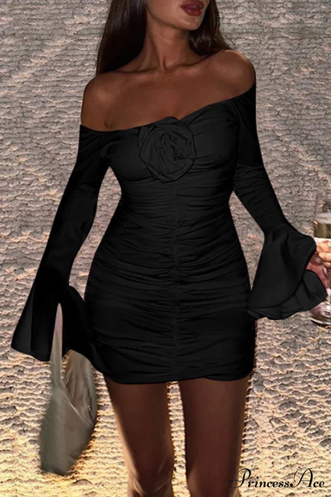 Off-Shoulder Dress with Flares Sleeves and Floral Gathered Design Black / M