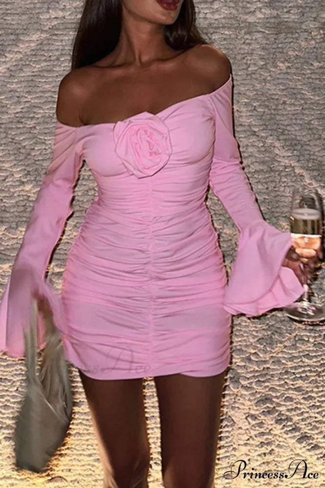 Off-Shoulder Dress with Flares Sleeves and Floral Gathered Design Pink / S