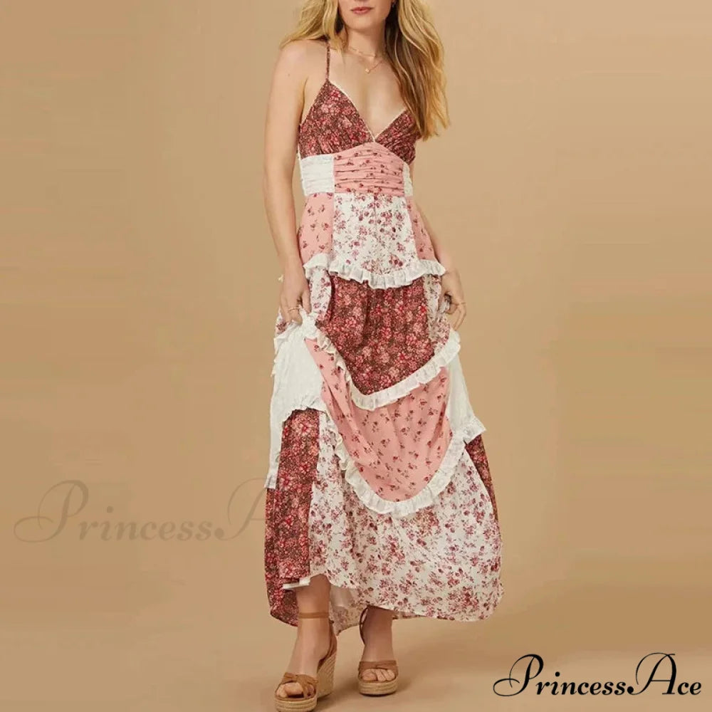 Off-Shoulder Elevated Waist Pleated Floral Dress pink / S