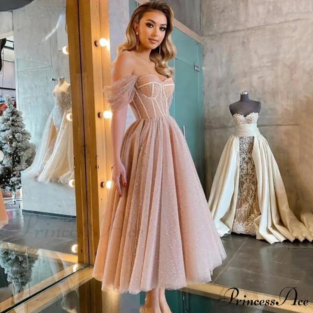 Off Shoulder Evening Gowns Dress Apricot Dress / S