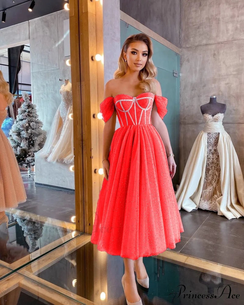 Off Shoulder Evening Gowns Dress Red Dress / S