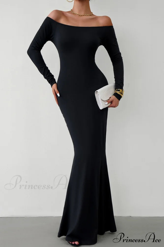Off Shoulder Fishtail Dress Black / S