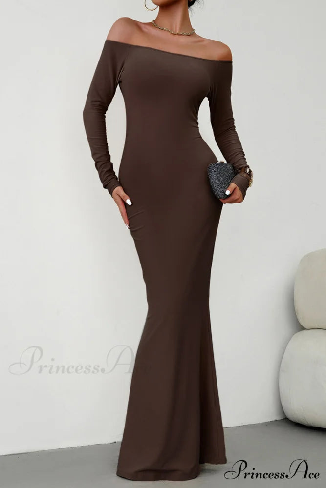 Off Shoulder Fishtail Dress Coffee / L