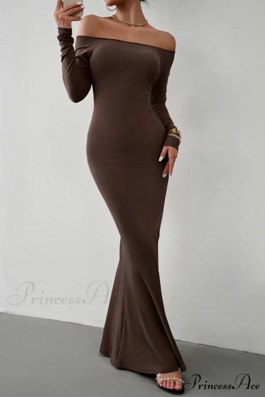 Off Shoulder Fishtail Dress Coffee / S